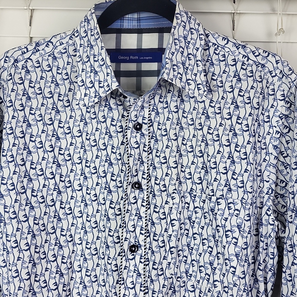 Georg Roth Los Angeles Button-Down Shirt with Navy All-Over Print. Size L - Picture 2 of 10